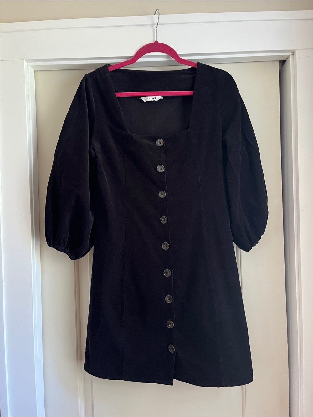 ROLLA'S Black Corduroy Square-Neck Button Mini Dress with Puff Sleeves